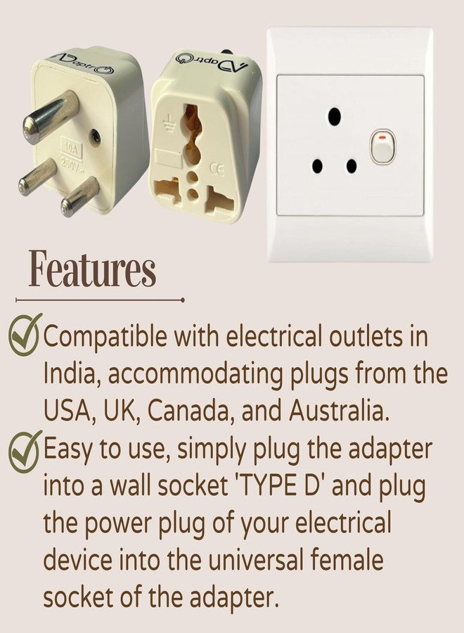 Adaptro USA, UK, Australia to India Plug Converter for Convert World-Wide Plug to Type D Indian Power Sockets (Pack of 1) White - Image 3